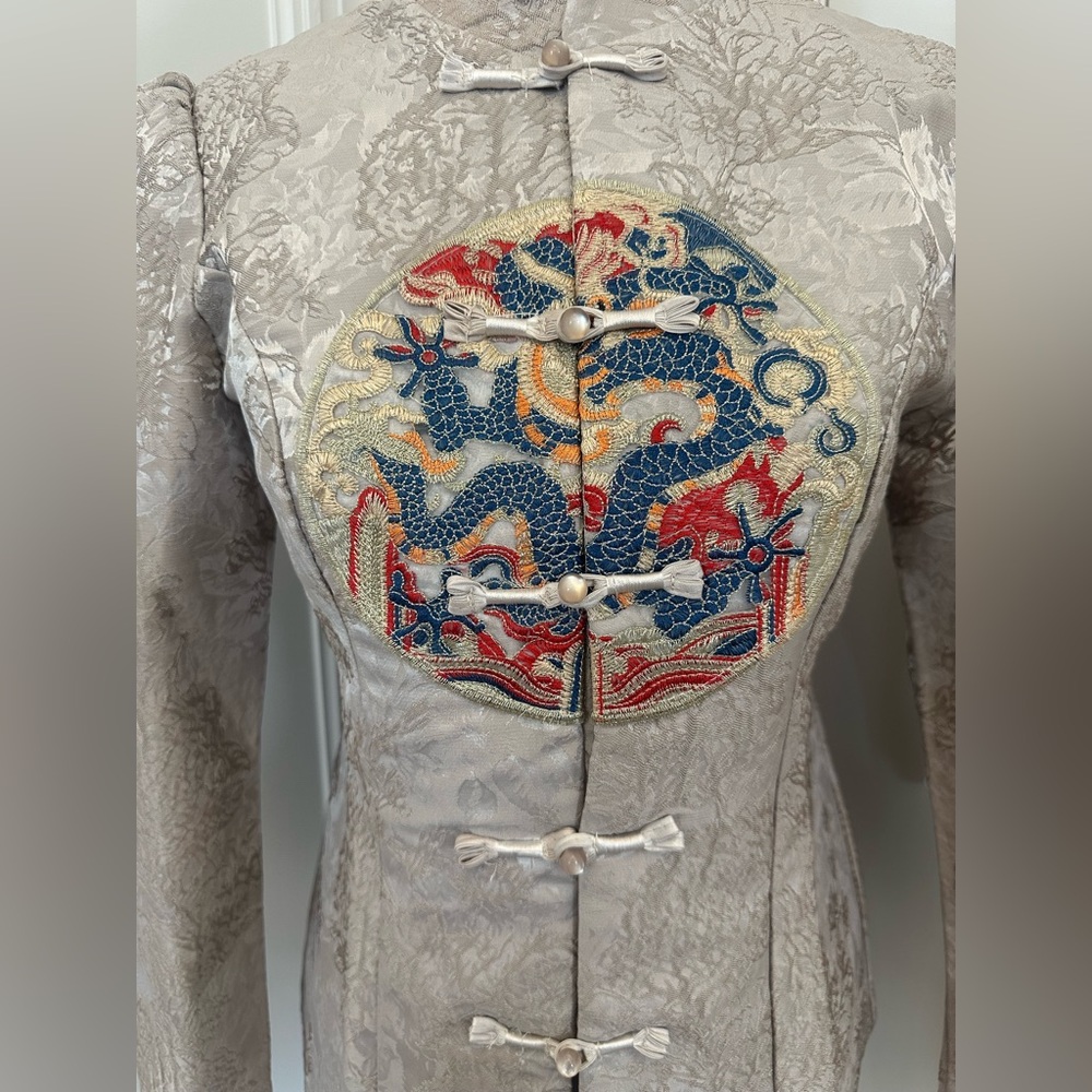 Miniye Chinese Style Jacket in Cream/Silver Brocade with Rich Embroidery - Picture 2 of 4
